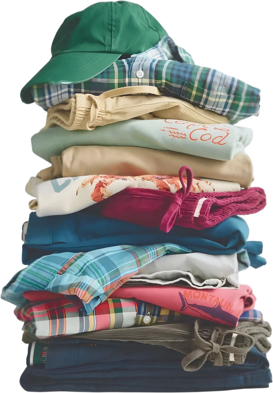 Pilha de roupas limpas com um boné verde no topo